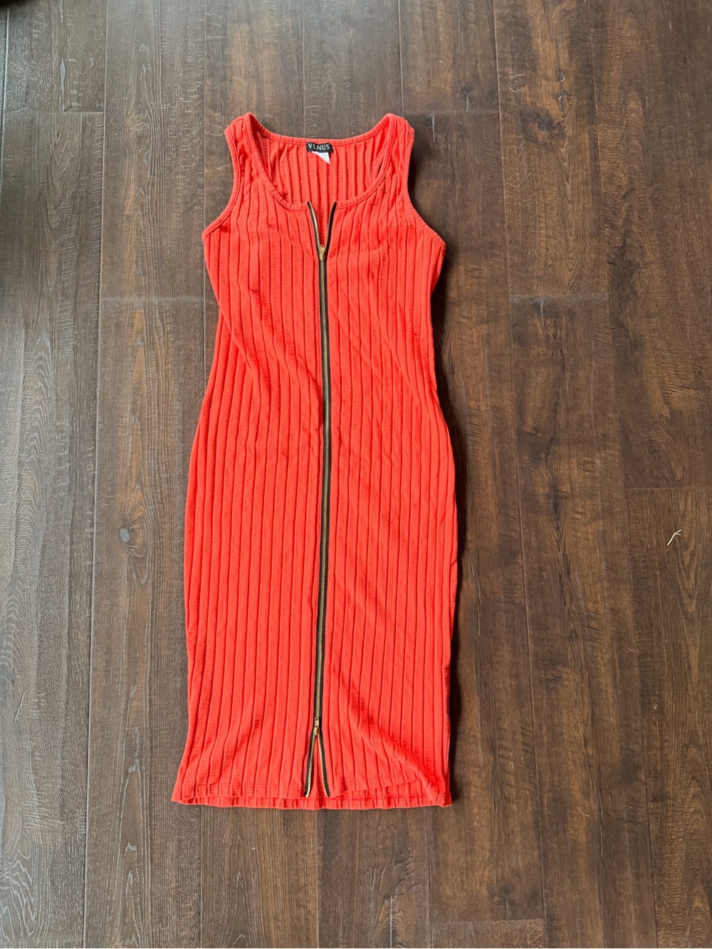 VENUS Bright Orange Ribbed Midi Dress with Front Zip